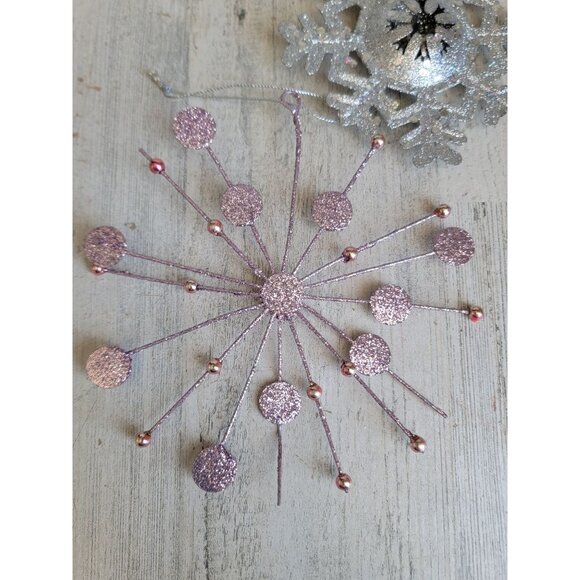 Glitter pink silver snowflake ornament Xmas set - Picture 8 of 8